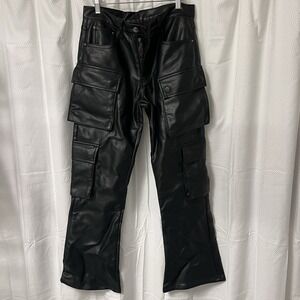 MNML Faux Leather Pants Mens 30x30 Black Double Cargo Snap Pocket Button Fly